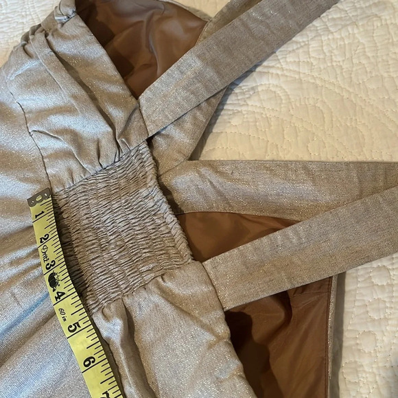 Vintage Linen Blend Dress Women12 Tan Gold Metallic Thread Sleeveless Baby Doll - Picture 13 of 17